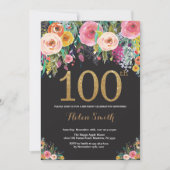 Floral 100th Birthday Invitation Gold Glitter Kaart (Voorkant)