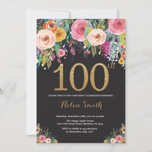 Floral 100th Birthday Invitation Gold Glitter Kaart (Voorkant)