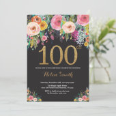 Floral 100th Birthday Invitation Gold Glitter Kaart (Staand voorkant)
