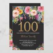Floral 100th Birthday Invitation Gold Glitter Kaart (Voorkant / Achterkant)