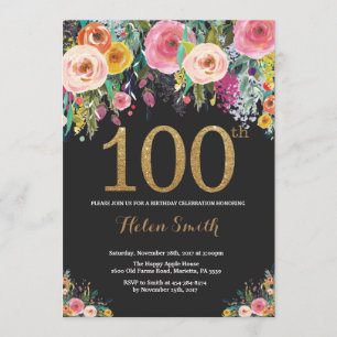 Floral 100th Birthday Invitation Gold Glitter Kaart
