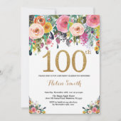 Floral 100th Birthday Invitation Gold Glitter Kaart (Voorkant)