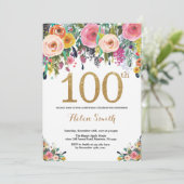 Floral 100th Birthday Invitation Gold Glitter Kaart (Staand voorkant)