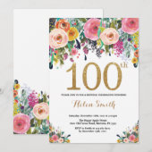 Floral 100th Birthday Invitation Gold Glitter Kaart (Voorkant / Achterkant)