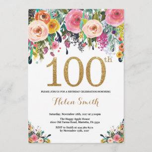 Floral 100th Birthday Invitation Gold Glitter Kaart