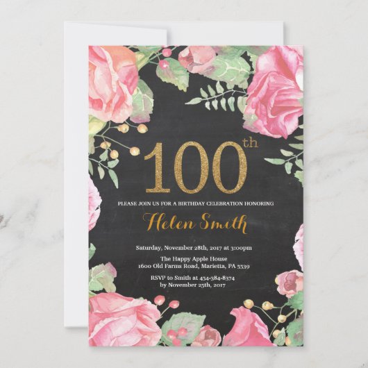 Floral 100th Birthday Invitation Gold Glitter Kaart (Voorkant)