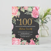 Floral 100th Birthday Invitation Gold Glitter Kaart (Staand voorkant)