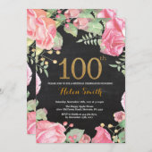 Floral 100th Birthday Invitation Gold Glitter Kaart (Voorkant / Achterkant)