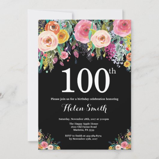 Floral 100th Birthday Invitation Kaart (Voorkant)