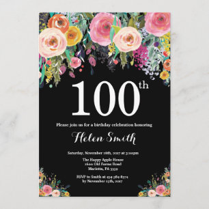 Floral 100th Birthday Invitation Kaart