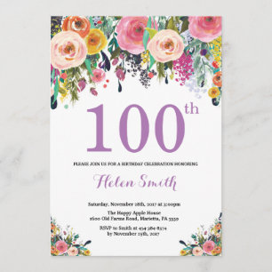 Floral 100th Birthday Invitation Paars Kaart