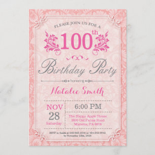 Floral 100th Birthday Invitation Pink for Women Kaart
