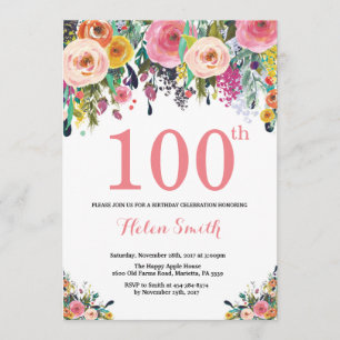 Floral 100th Birthday Invitation Pink Kaart