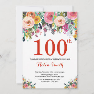 Floral 100th Birthday Invitation Red Kaart