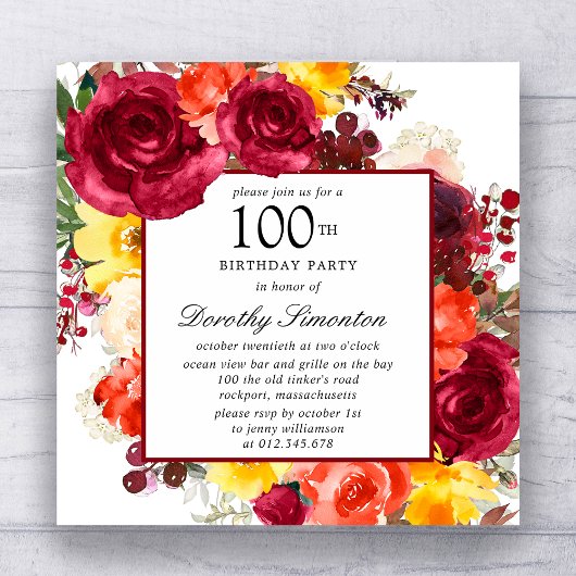 Floral 100th Birthday Party (kleurrijk Roos) Kaart