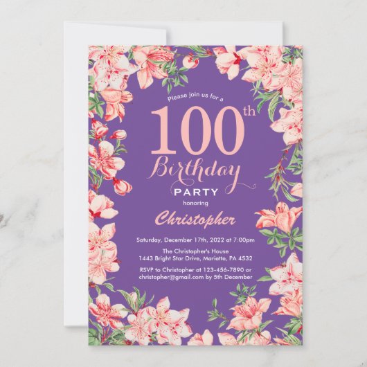 Floral 100th Birthday Pink Flowers Paars Violet Kaart (Voorkant)