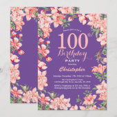 Floral 100th Birthday Pink Flowers Paars Violet Kaart (Voorkant / Achterkant)