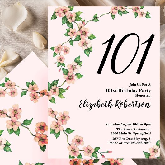 Floral 101st Birthday Invitation in Blush Pink Kaart