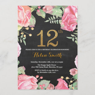Floral 12th Birthday Invitation Gold Glitter Kaart