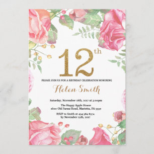 Floral 12th Birthday Invitation Gold Glitter Kaart