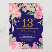 Floral 13th Birthday Gold Glitter Navy Blue Kaart (Voorkant / Achterkant)