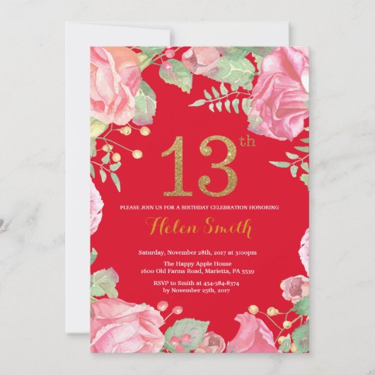 Floral 13th Birthday Gold Glitter Red Kaart (Voorkant)
