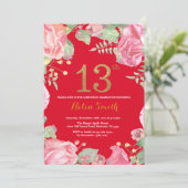 Floral 13th Birthday Gold Glitter Red Kaart (Staand voorkant)