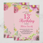 Floral 13th Birthday Invitation for Women Pink Kaart (Voorkant / Achterkant)