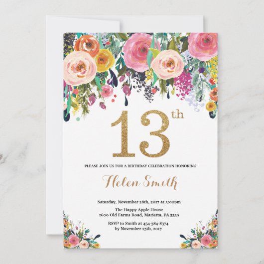 Floral 13th Birthday Invitation Gold Glitter Kaart (Voorkant)