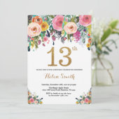 Floral 13th Birthday Invitation Gold Glitter Kaart (Staand voorkant)