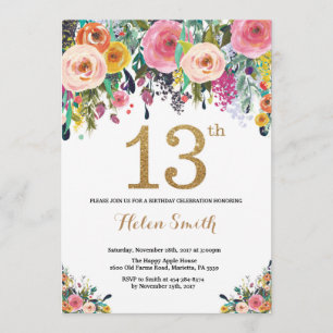 Floral 13th Birthday Invitation Gold Glitter Kaart