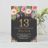 Floral 13th Birthday Invitation Gold Glitter Kaart (Staand voorkant)