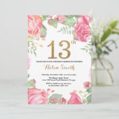 Floral 13th Birthday Invitation Gold Glitter Kaart (Staand voorkant)