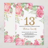 Floral 13th Birthday Invitation Gold Glitter Kaart (Voorkant / Achterkant)