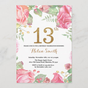 Floral 13th Birthday Invitation Gold Glitter Kaart