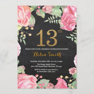 Floral 13th Birthday Invitation Gold Glitter Kaart