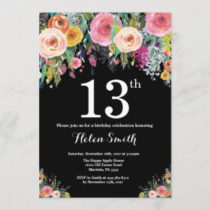 Floral 13th Birthday Invitation Kaart