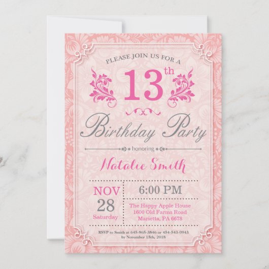 Floral 13th Birthday Invitation Pink for Women Kaart (Voorkant)