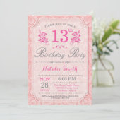Floral 13th Birthday Invitation Pink for Women Kaart (Staand voorkant)