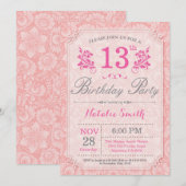 Floral 13th Birthday Invitation Pink for Women Kaart (Voorkant / Achterkant)