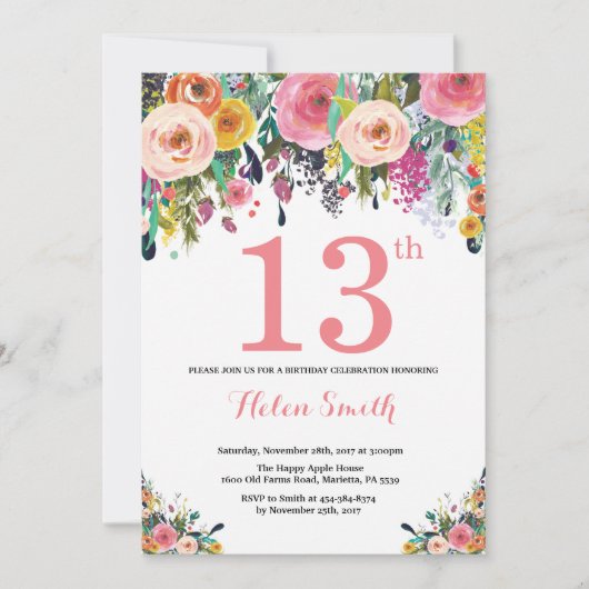 Floral 13th Birthday Invitation Pink Kaart (Voorkant)