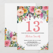 Floral 13th Birthday Invitation Pink Kaart (Voorkant / Achterkant)