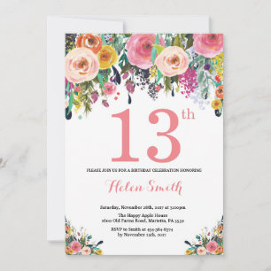 Floral 13th Birthday Invitation Pink Kaart