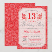 Floral 13th Birthday Invitation Red for Women Kaart (Voorkant / Achterkant)