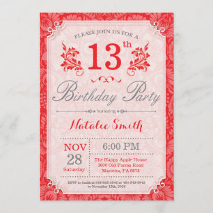 Floral 13th Birthday Invitation Red for Women Kaart