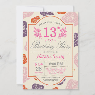 Floral 13th Birthday Invitation roze Roses Kaart
