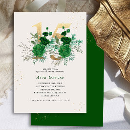 Floral 15 Emerald Green Cream en Gold Quinceanera Kaart