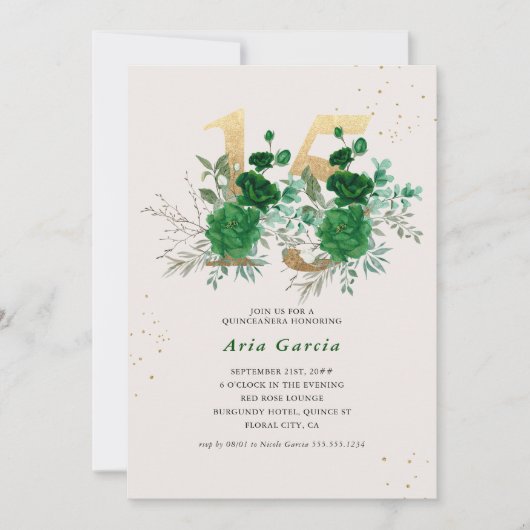 Floral 15 Emerald Green Cream en Gold Quinceanera Kaart (Voorkant)