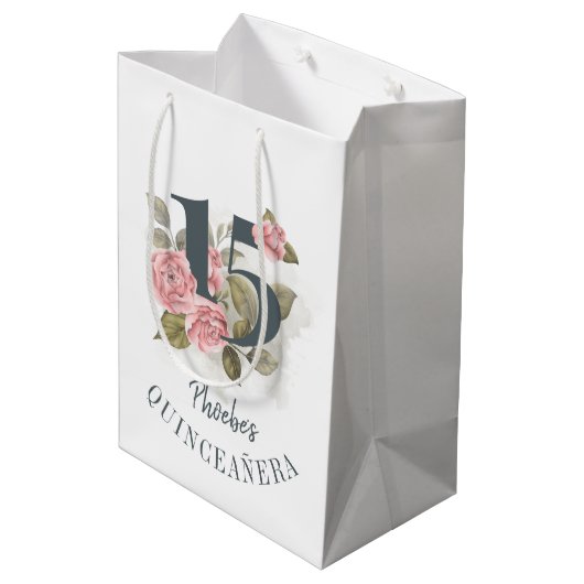 Floral 15e verjaardag Quinceanera Rustic Medium Cadeauzakje (Achterkant Gekanteld)
