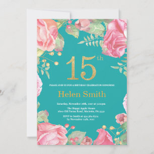 Floral 15th Birthday Gold Glitter en Blauwgroen Kaart